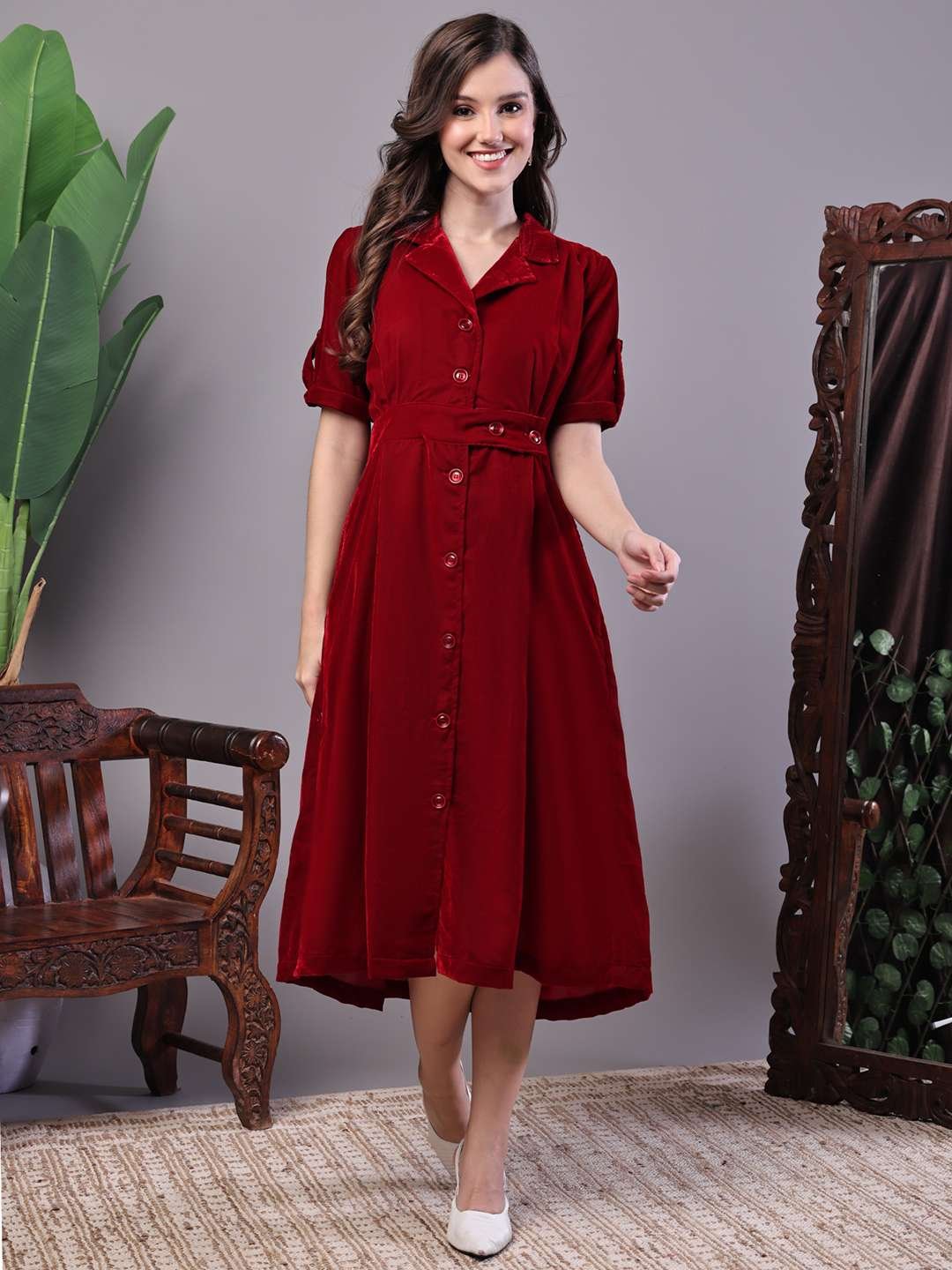 Women's Maroon Velvet Solid Printed Shirt Midi Dress with Belt