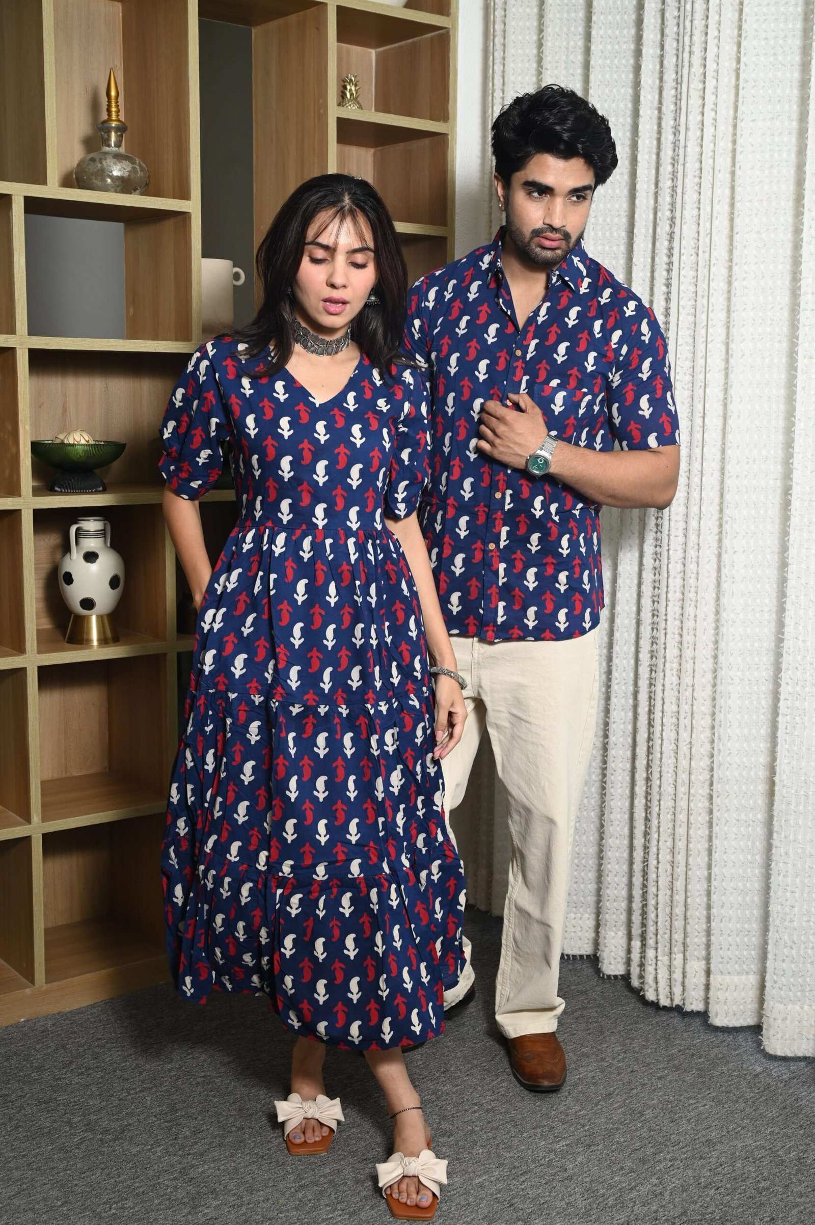 Couple Matching Navy Blue Cotton Anarkali Midi Dress and Shirt Set ? Red & White Abstract Print - Image 3