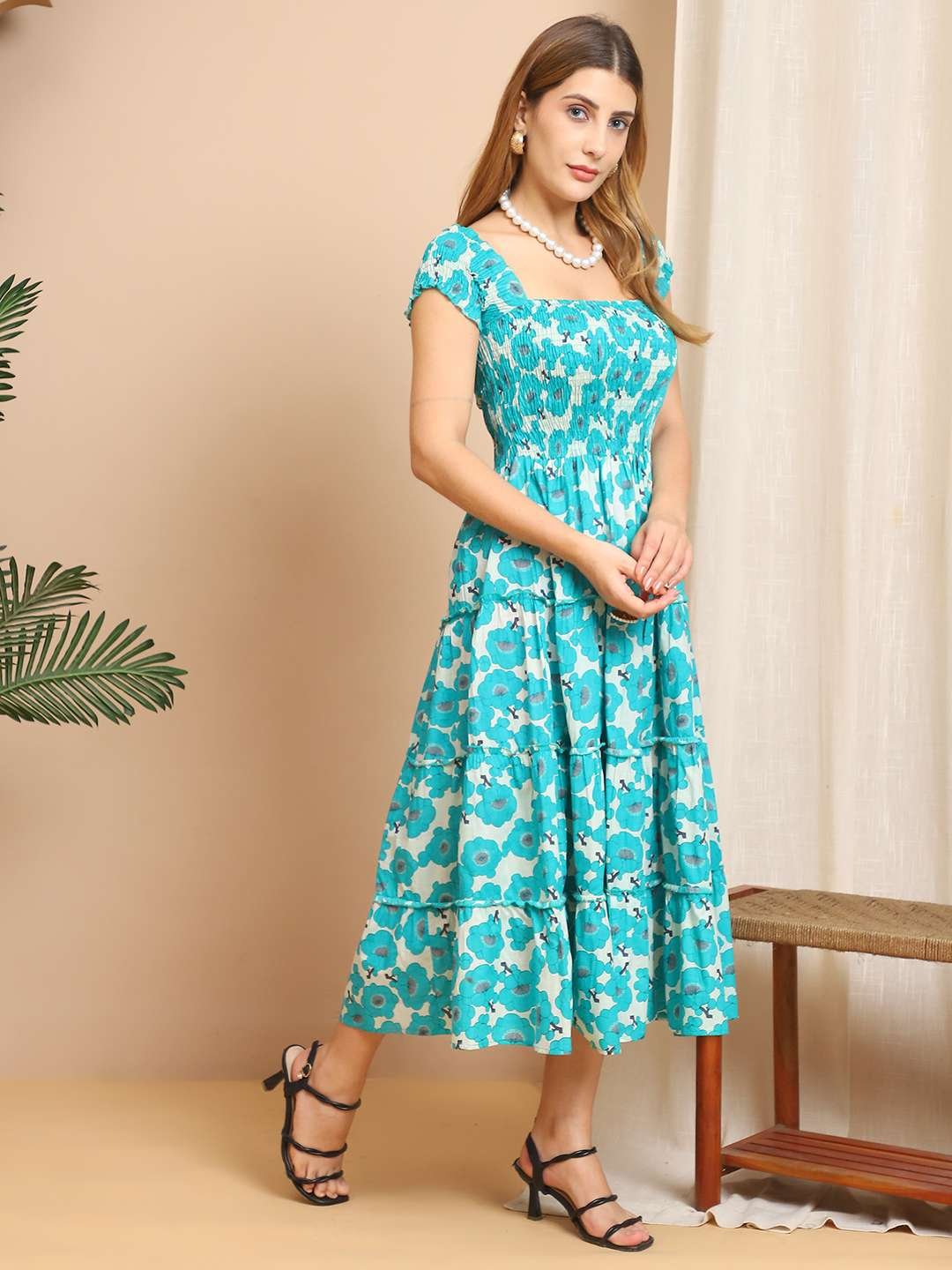 Women's Viscos Rayon Printed Off Shoulder Midi Dress For Summer And Casual Wear (Blue Floral)